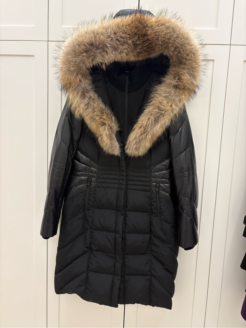Danier Black Leather Down Coat with Natural Fur-Trim Hood